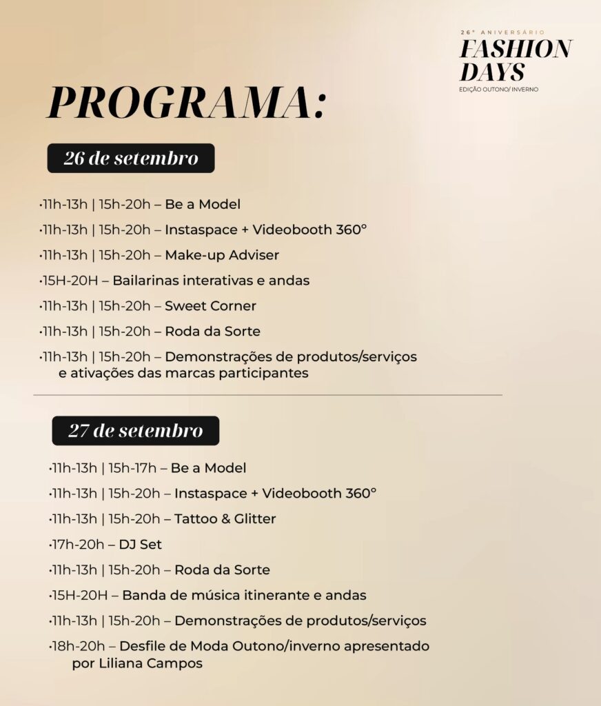 Os Fashion Days chegam ao Campera Outlet Shopping para celebrar os seus 26 anos com um fim de semana dedicado à moda, às novas tendências e à inspiração.